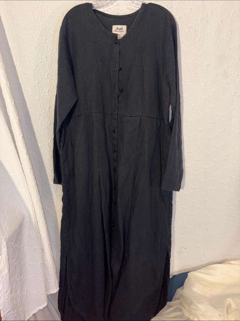 Flax by Jeanne Engelhart Black Button-Front 100 % Linen Dress Bohemian Gothic